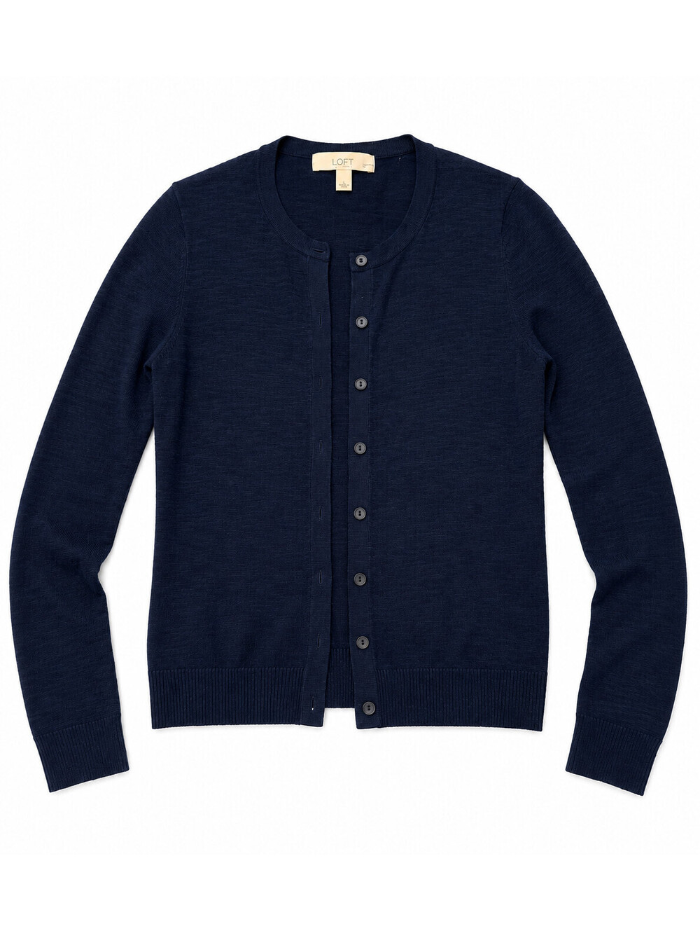 LOFT Women's Navy Blue Button-Front Crewneck Cardigan Sweater Petite Large